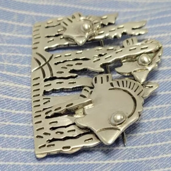 VTG 90s Y2K Angel Fish Brooch .925 Solid Silver Ocean Life Scene Handmade Mexico - Picture 4 of 7